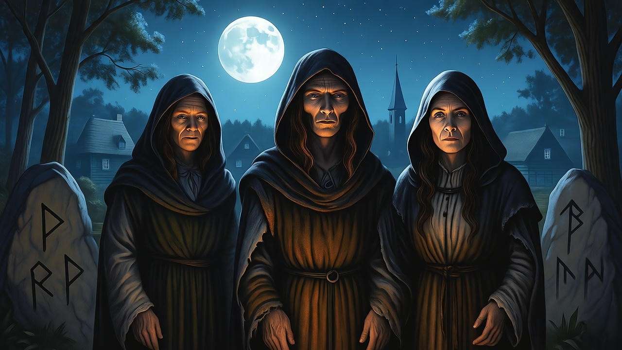 Elizabethan witches in a moonlit forest, illustrating witchcraft fears in Macbeth Act 4’s historical context