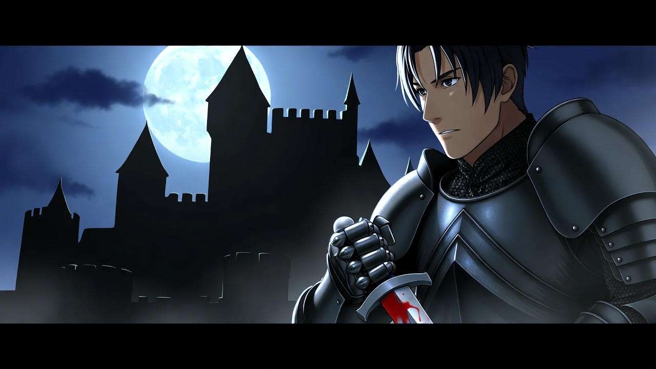 Macbeth with a bloody dagger in a shadowy castle during Act 2 murder scene