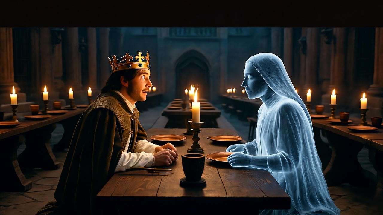 Macbeth seeing Banquo’s ghost at a haunted banquet in Act 3