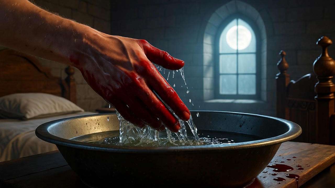 Blood-stained hand washing in Macbeth castle bedroom after Duncan’s murder.