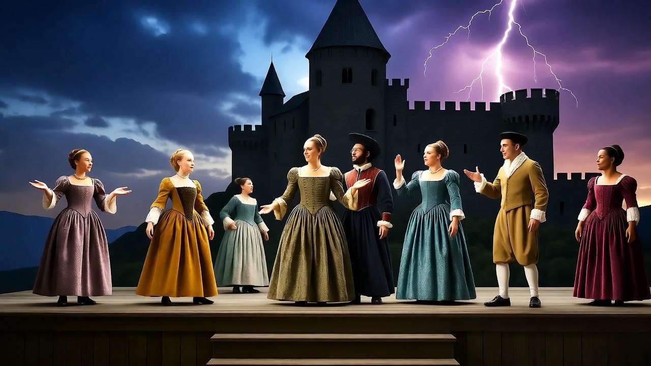 Elizabethan actors performing Macbeth on stage with stormy castle backdrop