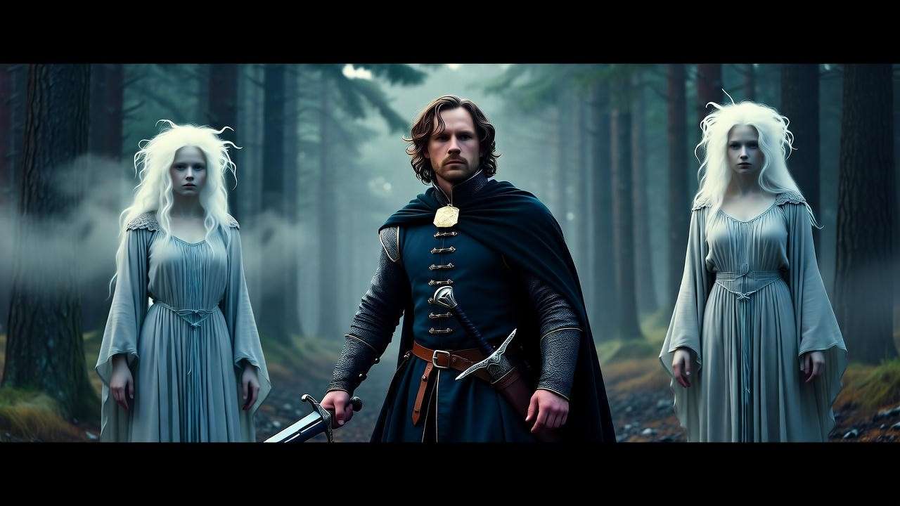 Medieval Scottish nobleman Banquo in a dark forest with shadowy Weird Sisters from Macbeth