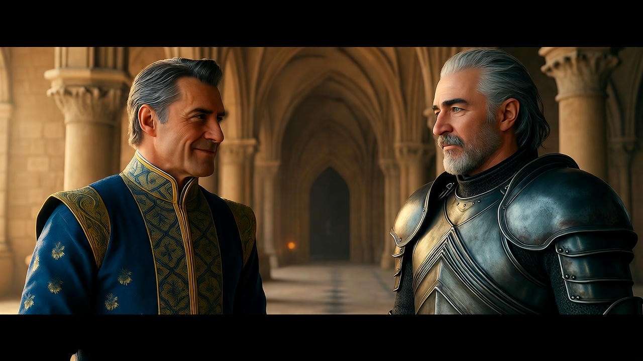 "Two medieval figures in a grand hall, one in noble blue and gold attire standing confidently, the other in dark, weathered armor with a troubled expression, facing each other across a stone floor, dramatic lighting with a warm-cold color contrast, 16:9 ratio, no text, detailed historical costumes."
