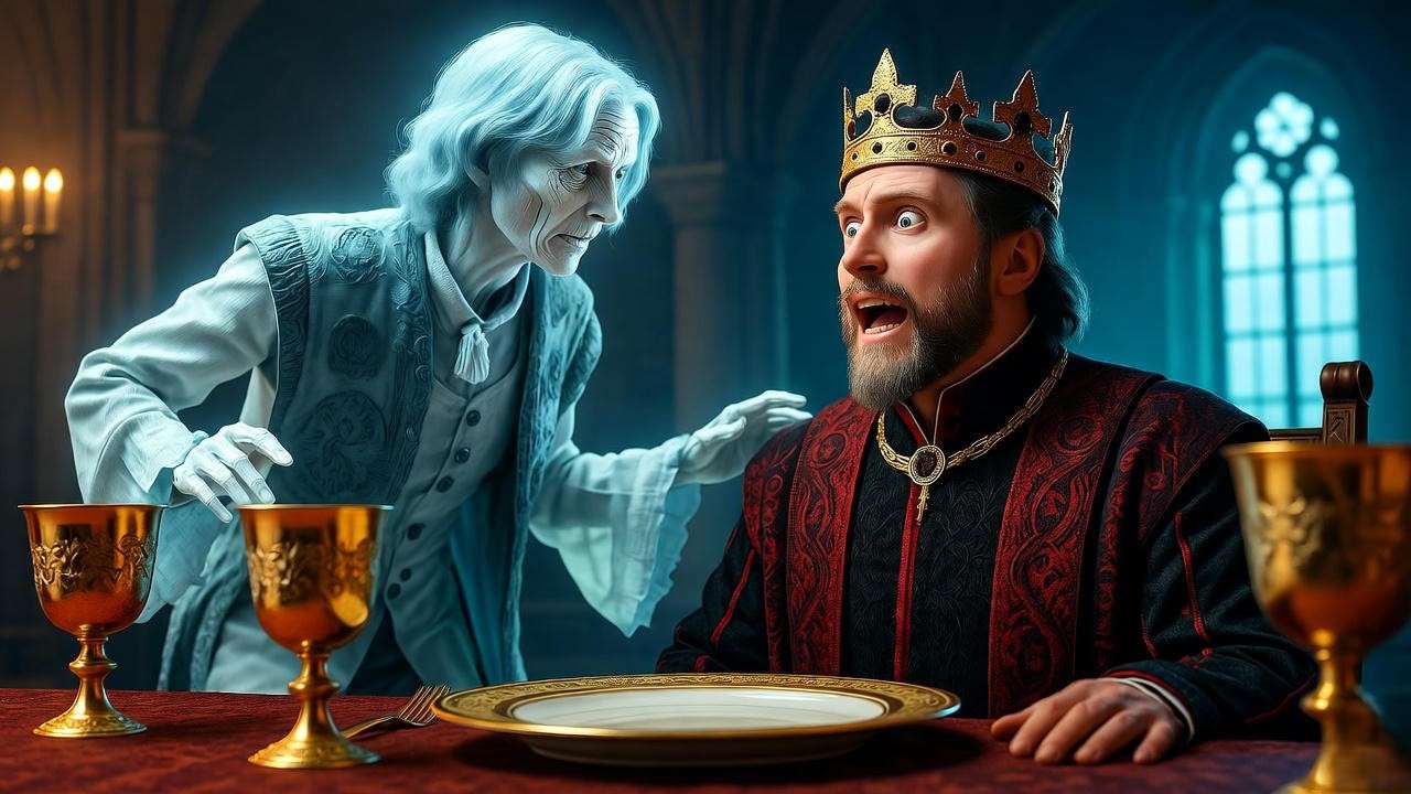 Ghostly Banquo haunting Macbeth at a banquet table in Macbeth scene