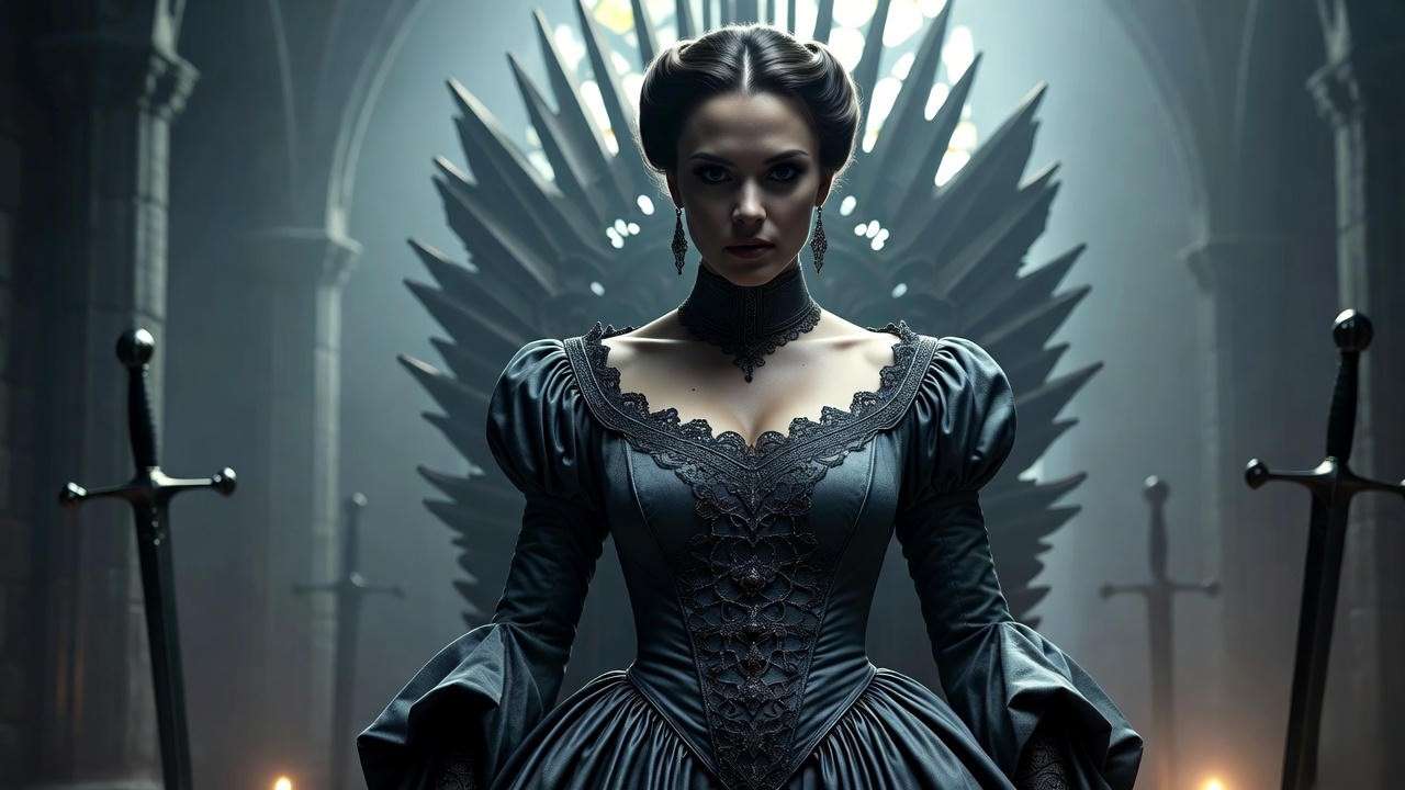 Dramatic portrayal of Lady Macbeth in a misty castle hall, symbolizing her commanding ambition in Shakespeare's Macbeth