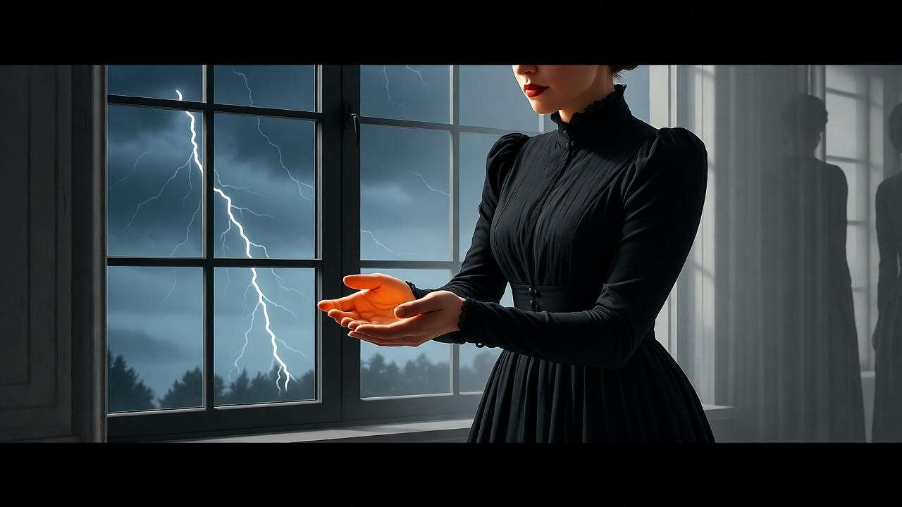 Moody depiction of Lady Macbeth washing her hands under a stormy sky, symbolizing her guilt in Macbeth.