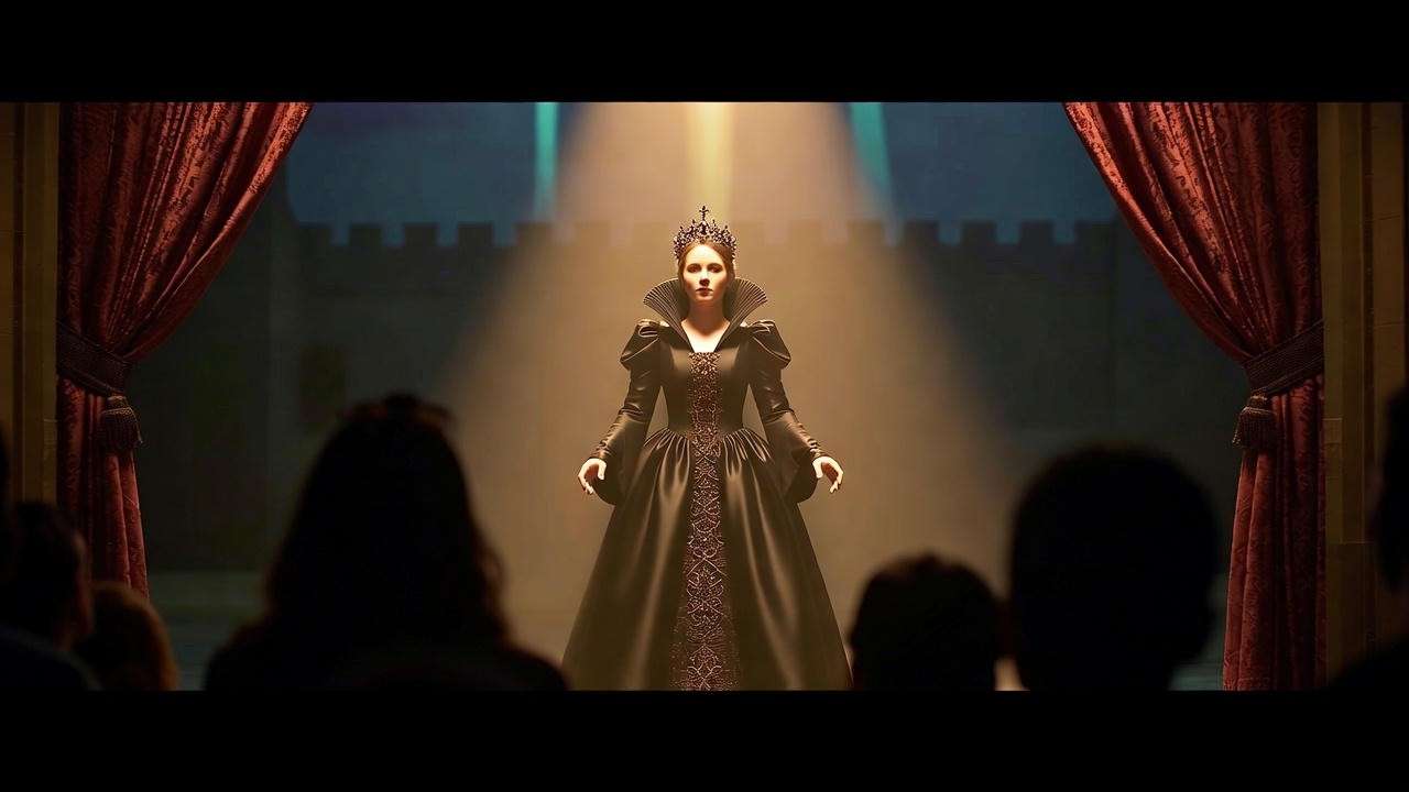 Theatrical stage with a crowned Lady Macbeth under spotlight, representing her iconic performances