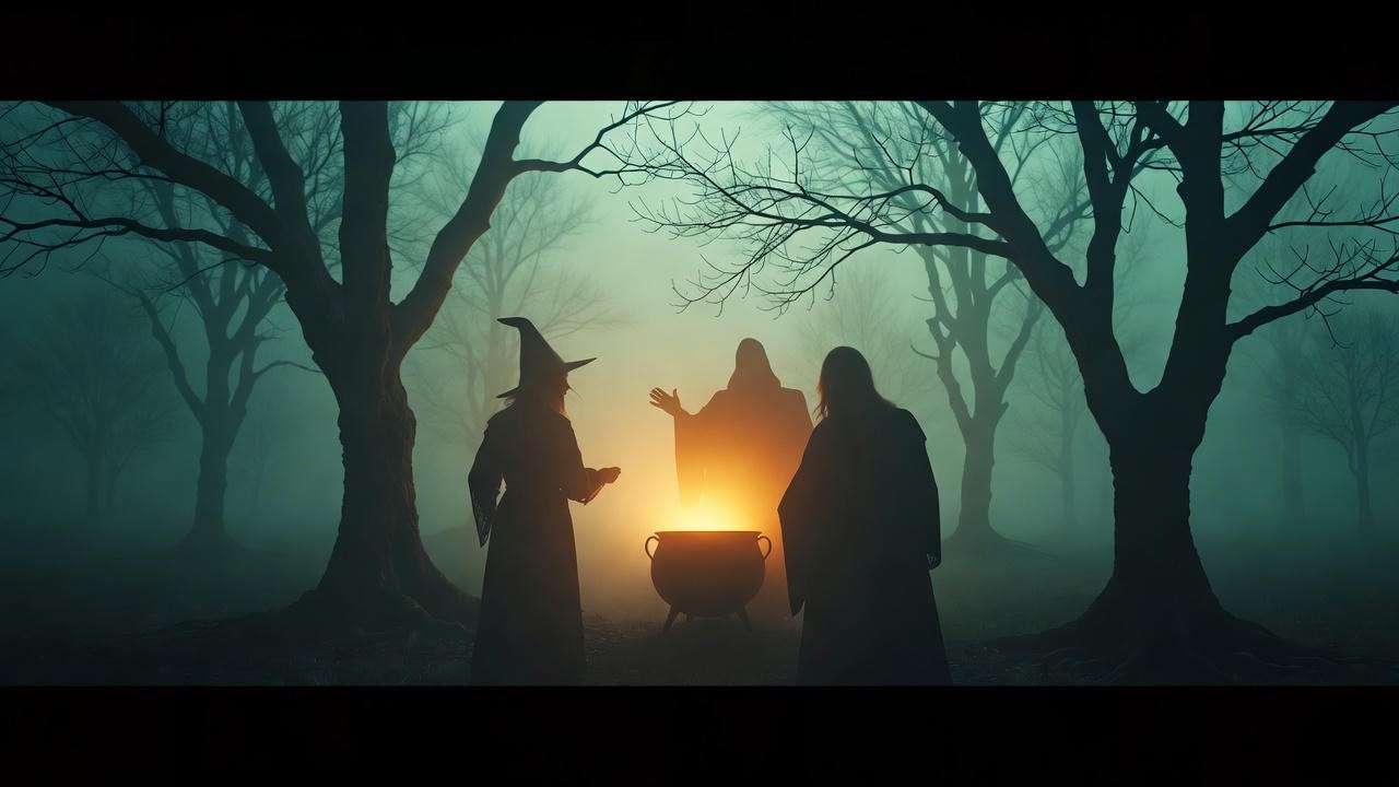 Silhouette of witches with glowing cauldron in foggy forest, symbolizing fate in Macbeth.