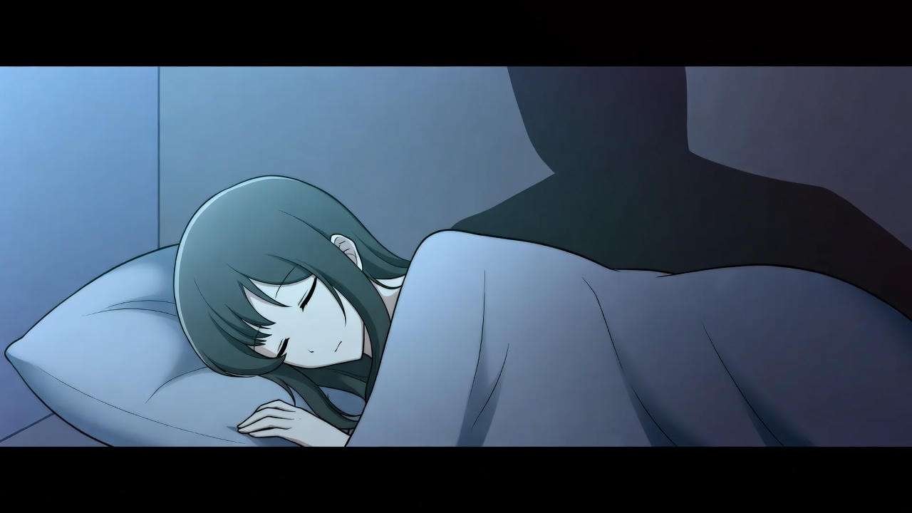 Eerie sleeping figure with shadowy presence, symbolizing lost innocence in Macbeth.