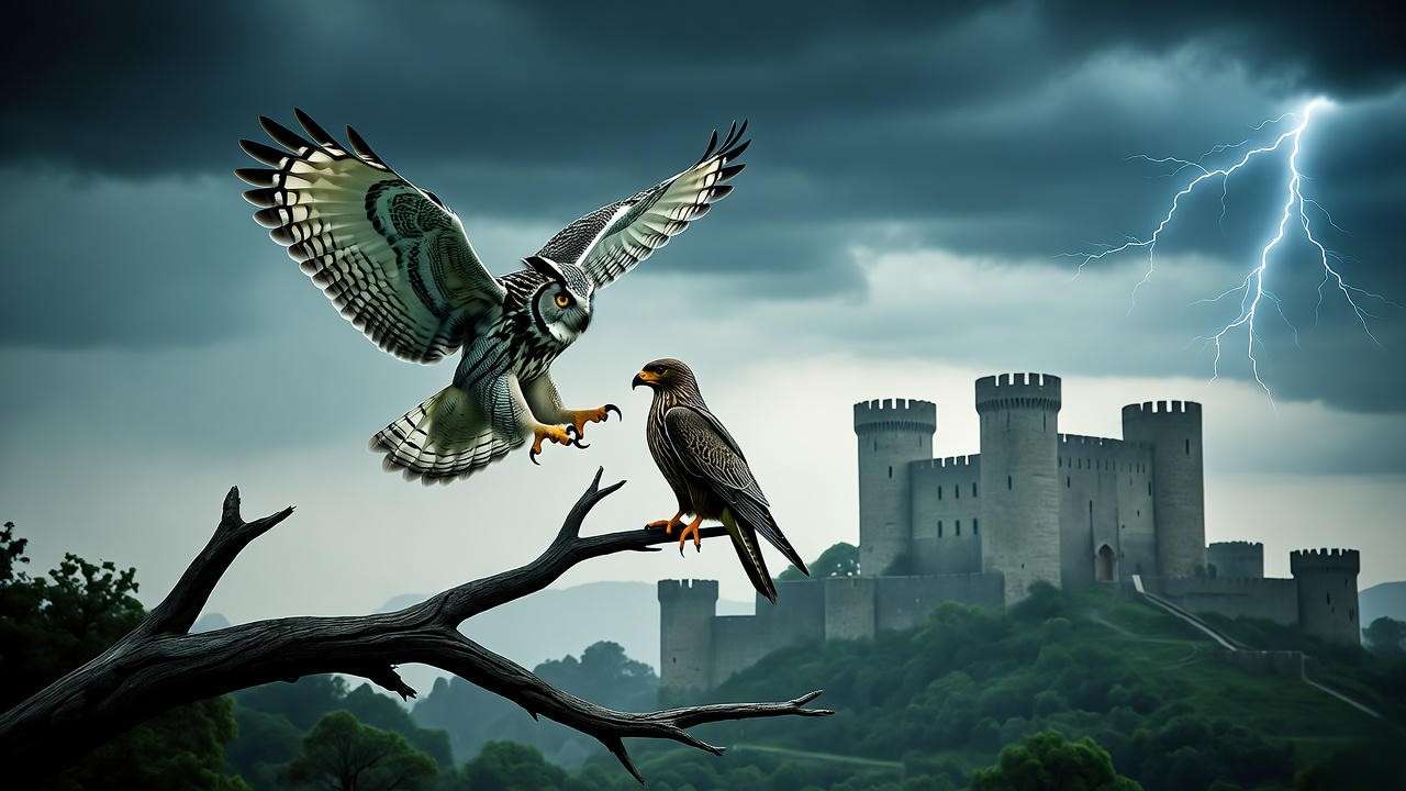 Stormy landscape with owl attacking falcon and castle, symbolizing unnatural disorder in Macbeth