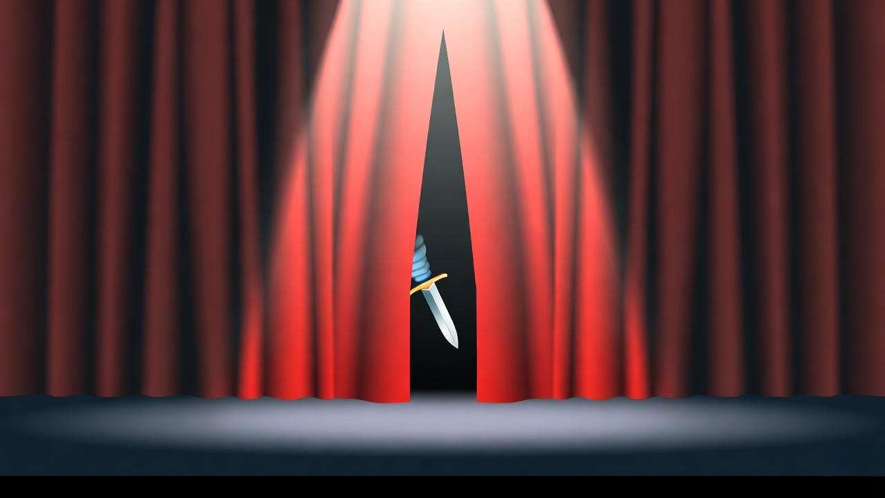 Theatrical stage with blood-red curtain and shadowy figure with dagger, symbolizing Macbeth performance.