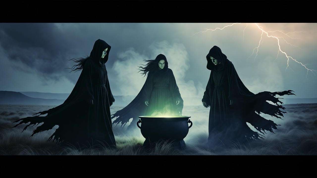 Three witches in a misty Scottish heath with a glowing cauldron, evoking the supernatural themes of Cambria Macbeth.