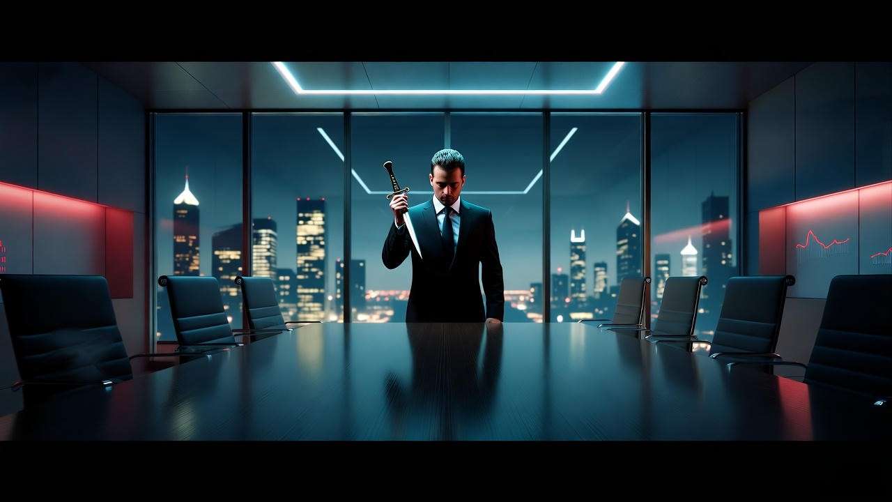 Shadowy figure in a modern corporate boardroom, reflecting Cambria Macbeth’s themes of ambition and power in today’s world.