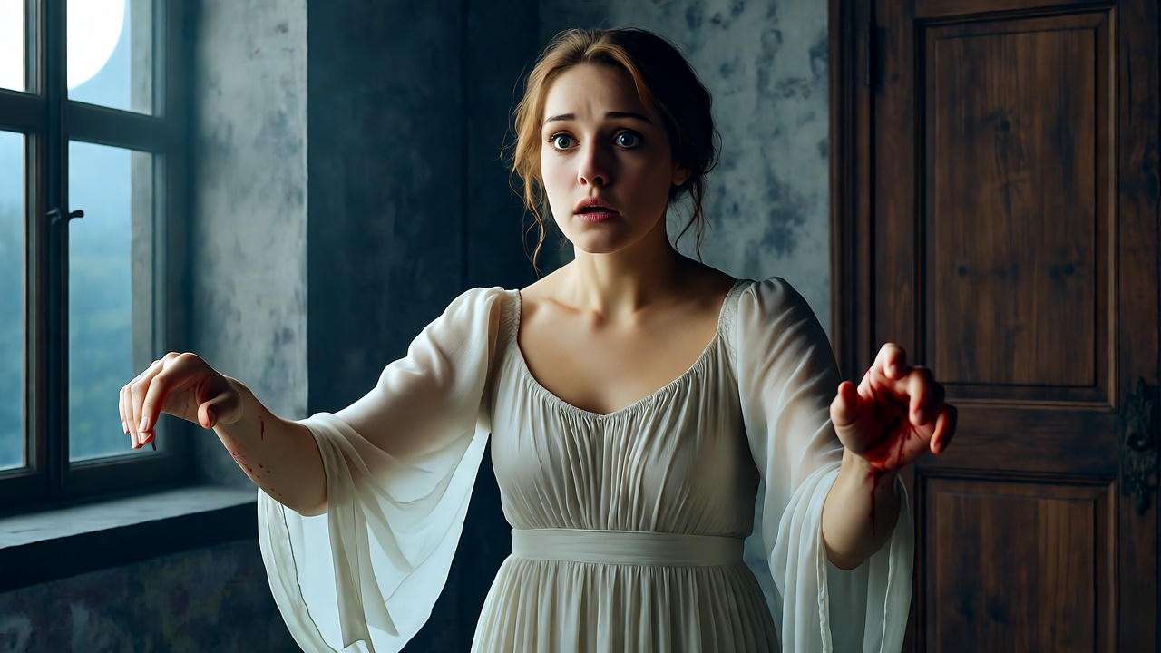 Lady Macbeth sleepwalking with guilt, embodying Cambria Macbeth’s exploration of psychological turmoil and mental health.