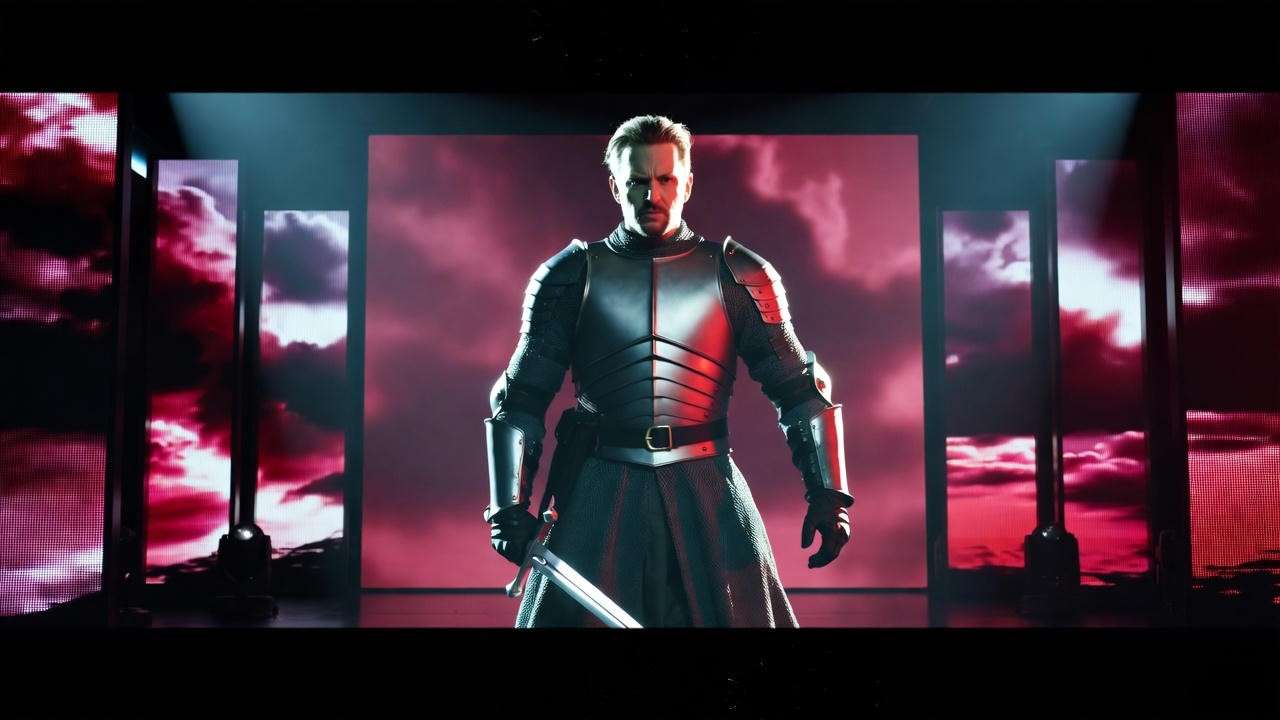 Modern Macbeth stage performance with a blend of medieval and contemporary elements, reflecting Cambria Macbeth’s fresh lens.