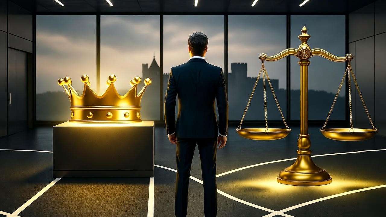 Corporate leader at crossroads with crown and scale symbolizing ambition and ethics in Macbeth Inc.
