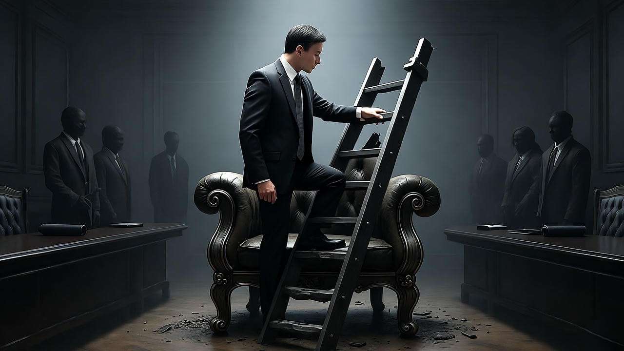 Businessman climbing ladder turning into crumbling throne in Macbeth Inc leadership lesson.