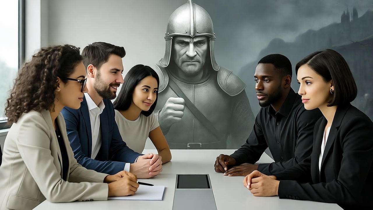 Diverse team collaborating with ghostly Macbeth figure in modern leadership challenge.