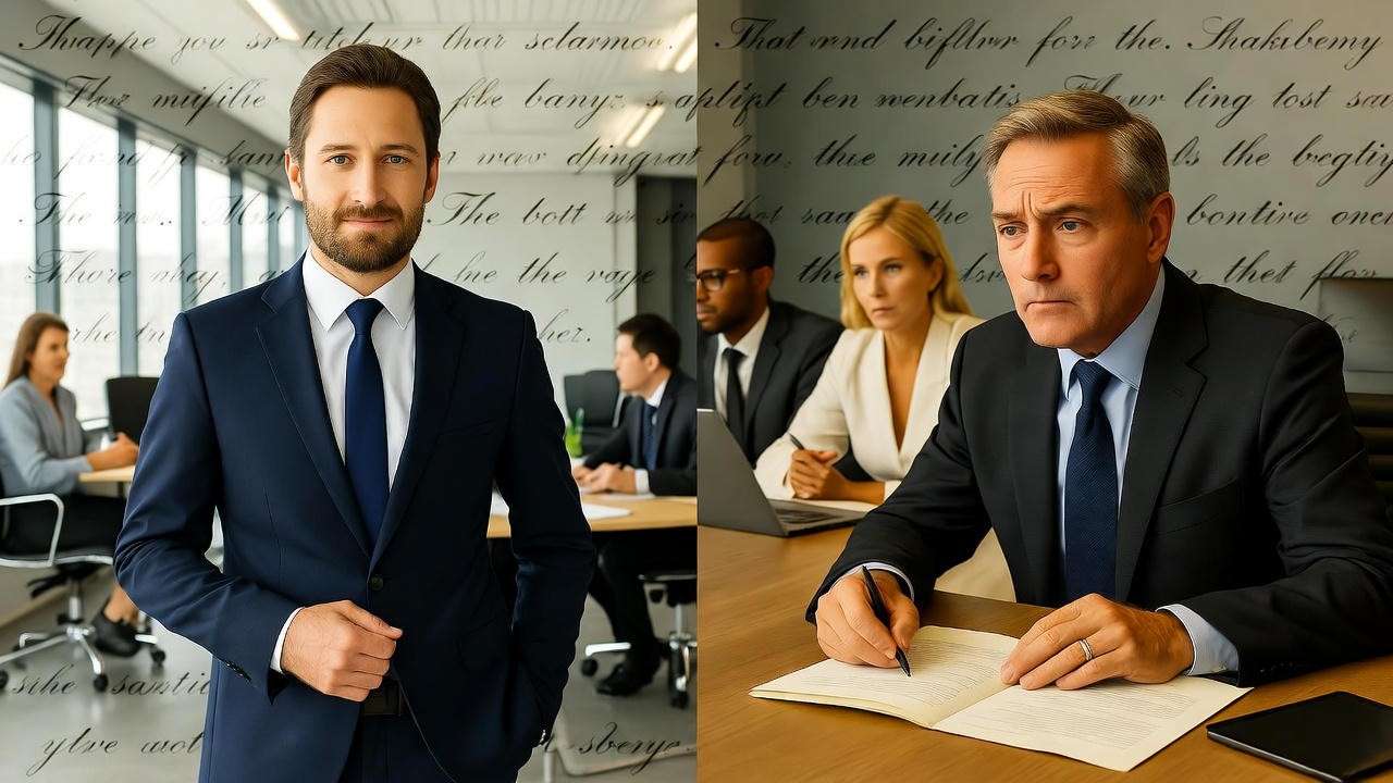 Split-screen of successful and failed leaders with Macbeth script overlay in action