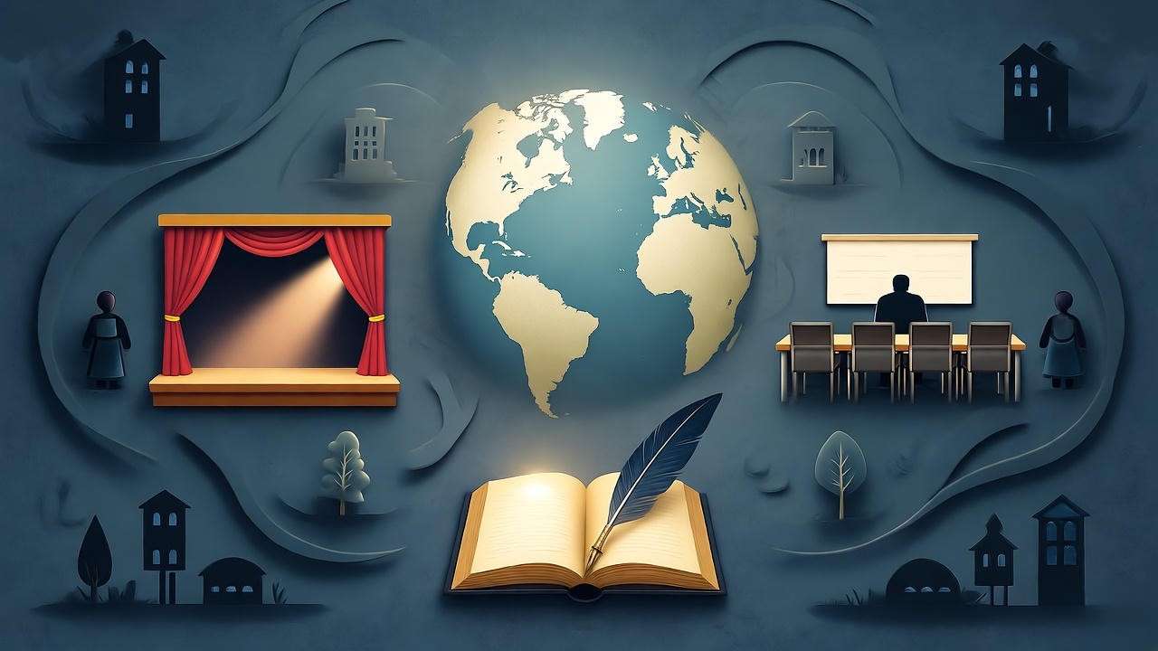 Globe with theater and training room icons symbolizing Macbeth leadership impact.