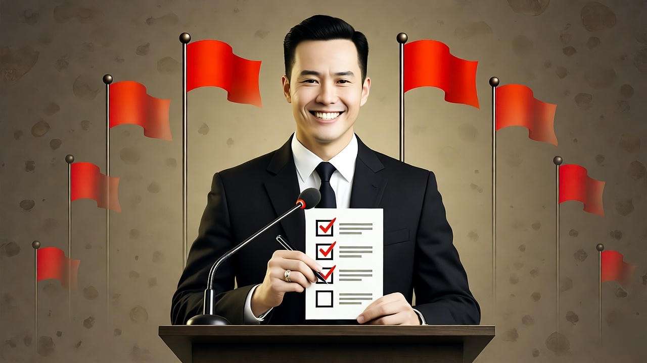 Leader with checklist and red flags avoiding Macbeth Inc pitfalls.