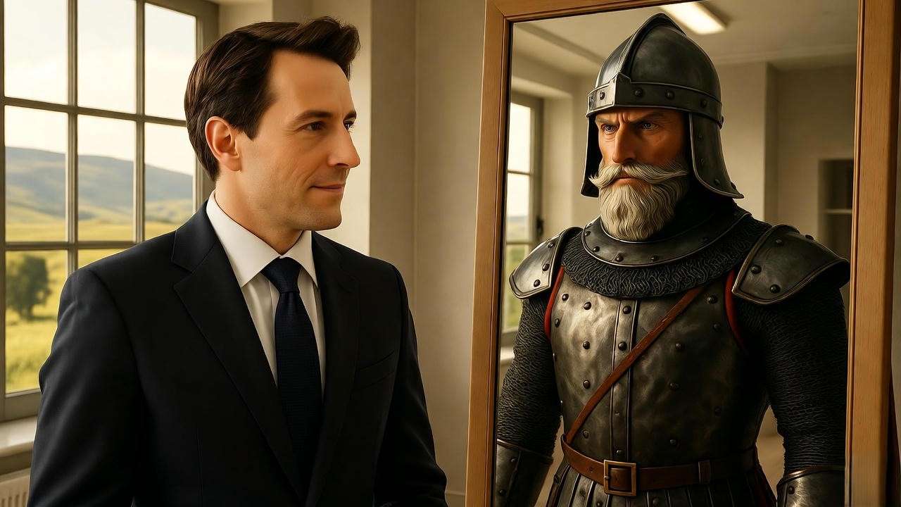 Leader reflecting balanced self in mirror at Macbeth Inc conclusion.