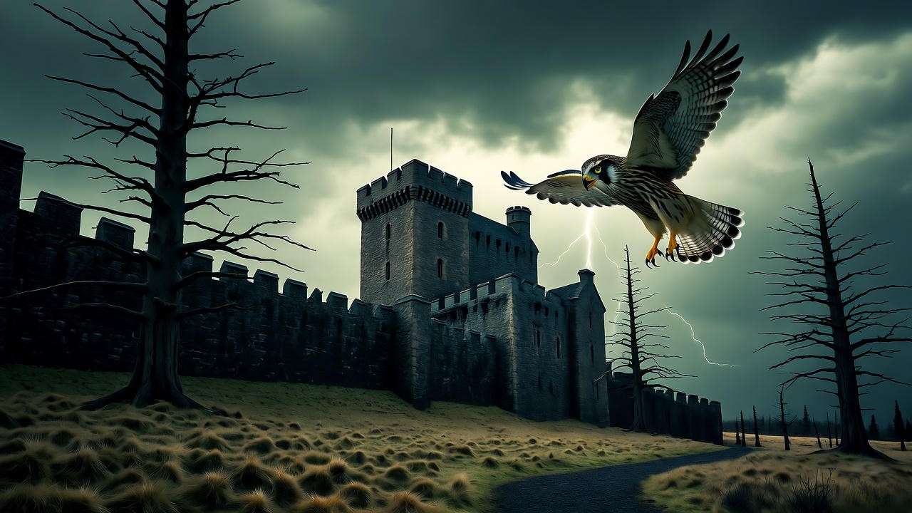 Unnatural omens in Macbeth Act 2 Scene 4 – falcon and owl battle under dark sky