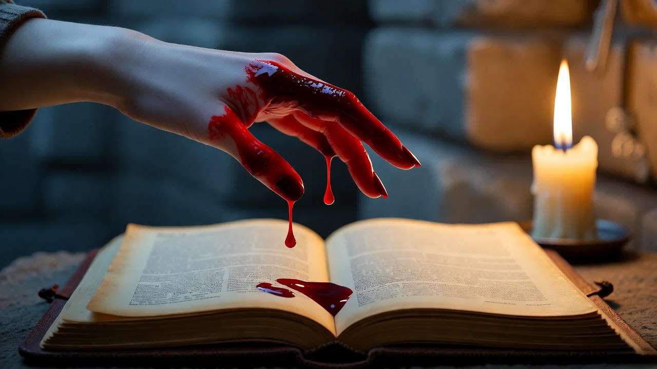 Lady Macbeth’s blood-stained hand over open folio in candlelit castle chamber – Macbeth quotes analysis