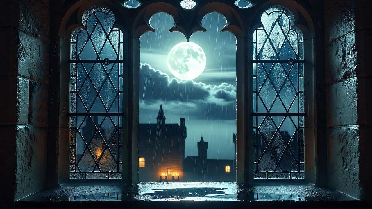 Stormy moonlit castle window with serpent carving – Lady Macbeth unsex me here quote context