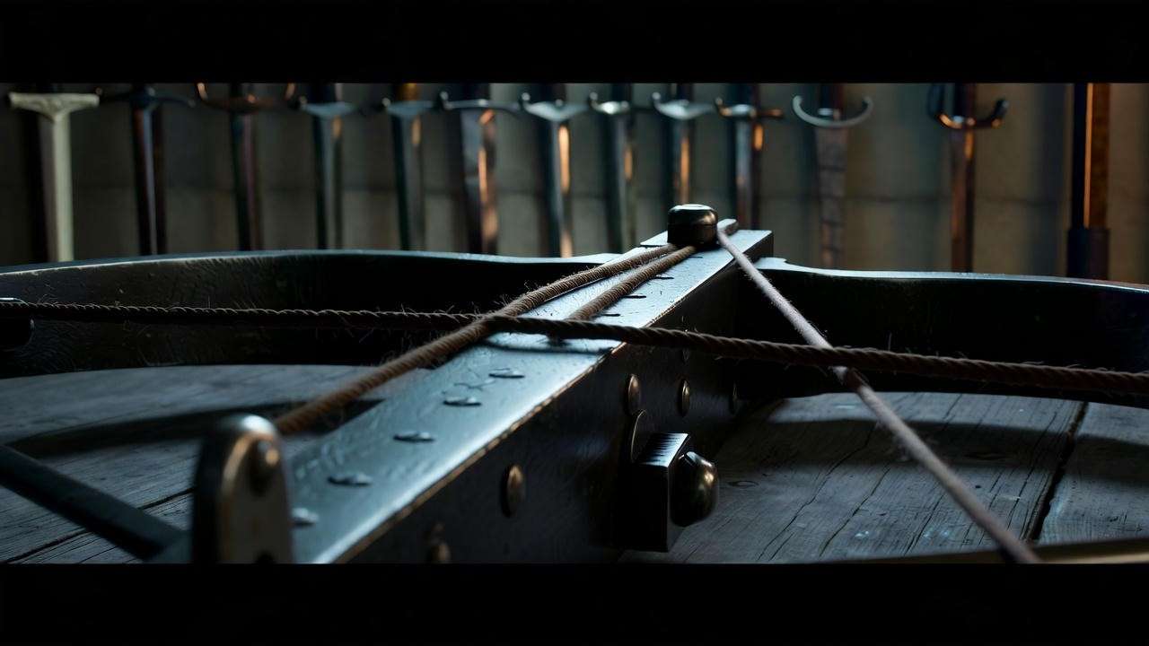 Medieval crossbow at full tension – Lady Macbeth sticking-place quote metaphor