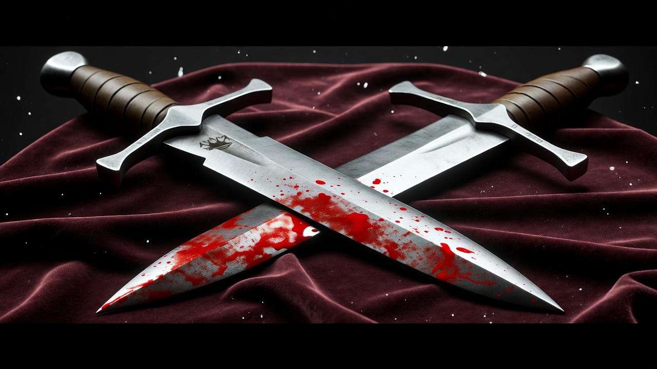 Bloodied daggers crossed with crown reflection – Lady Macbeth give me the daggers quote
