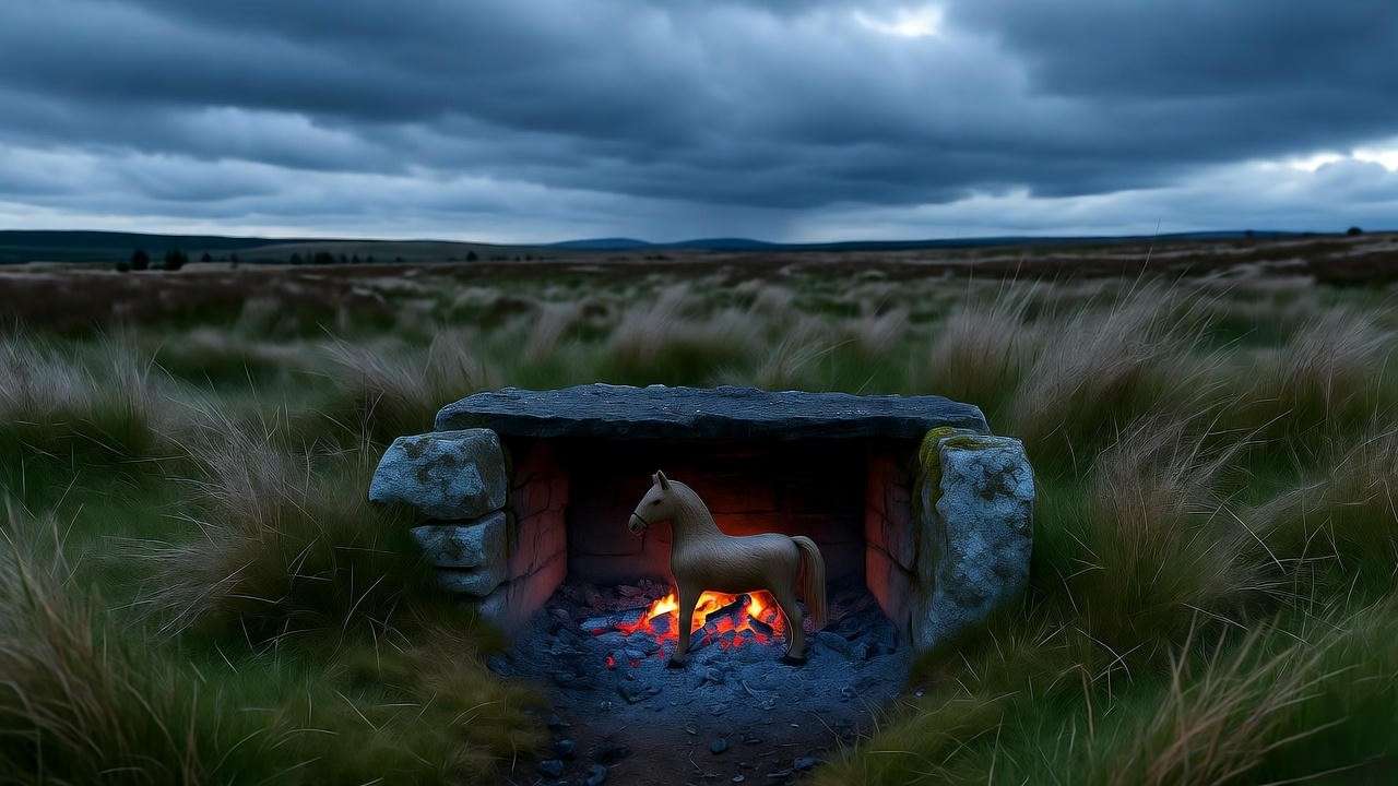 Abandoned hearth on Scottish moor with child’s toy – Lady Macbeth thane of Fife quote