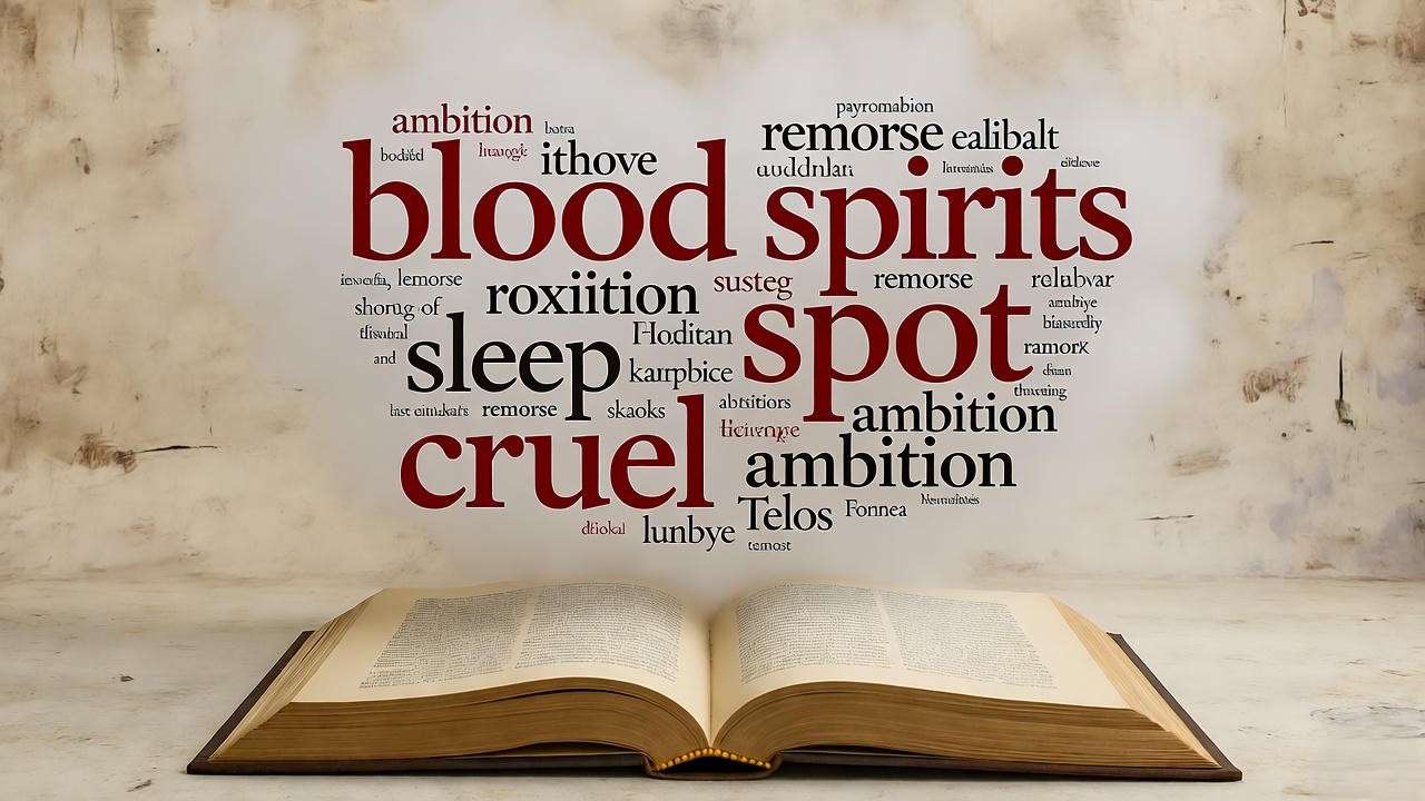 Lady Macbeth word cloud with blood, spot, ambition – thematic analysis of guilt and power