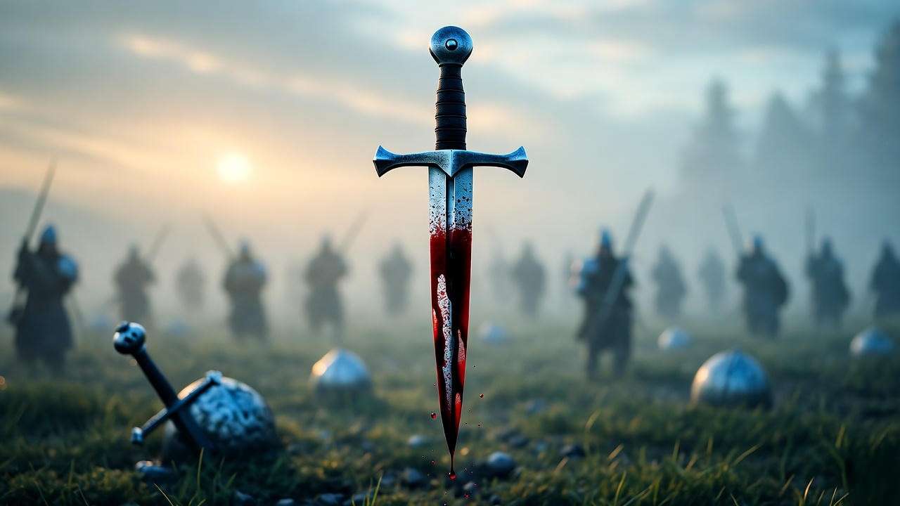 Floating blood-stained dagger over misty battlefield – Macbeth Act 2 murder scene visualization