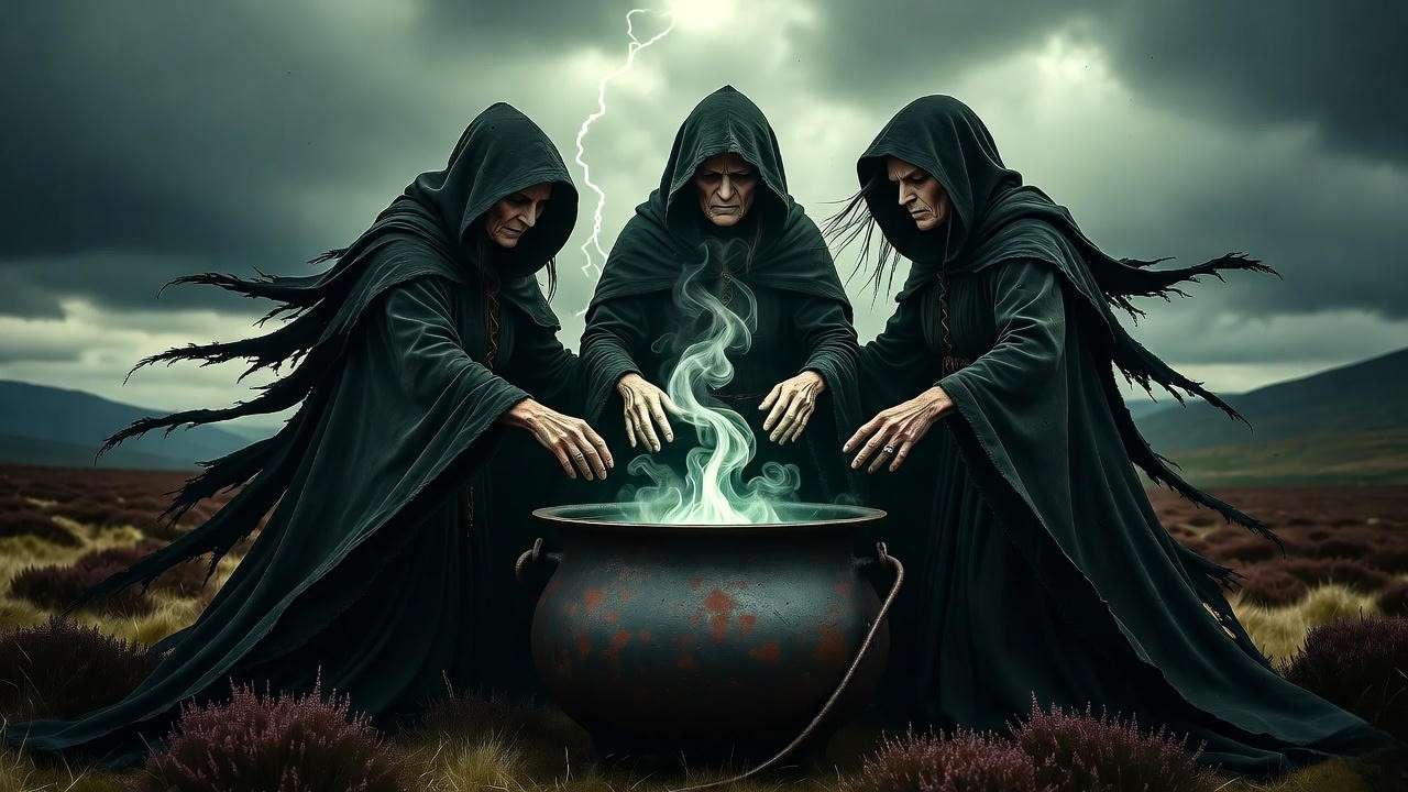 Witches around cauldron on stormy heath – Macbeth supernatural theme illustration