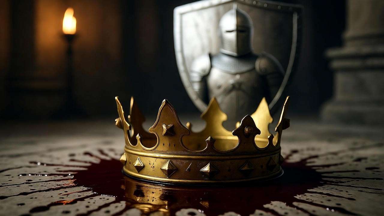 Cracked crown in blood with Banquo ghost reflection – Macbeth tragic hero symbolism