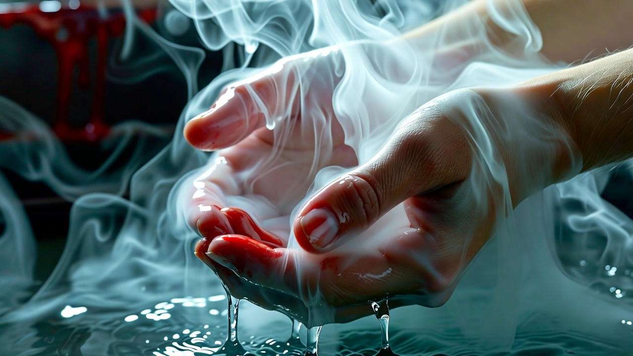 Lady Macbeth washing blood from hands in steam – guilt and madness motif