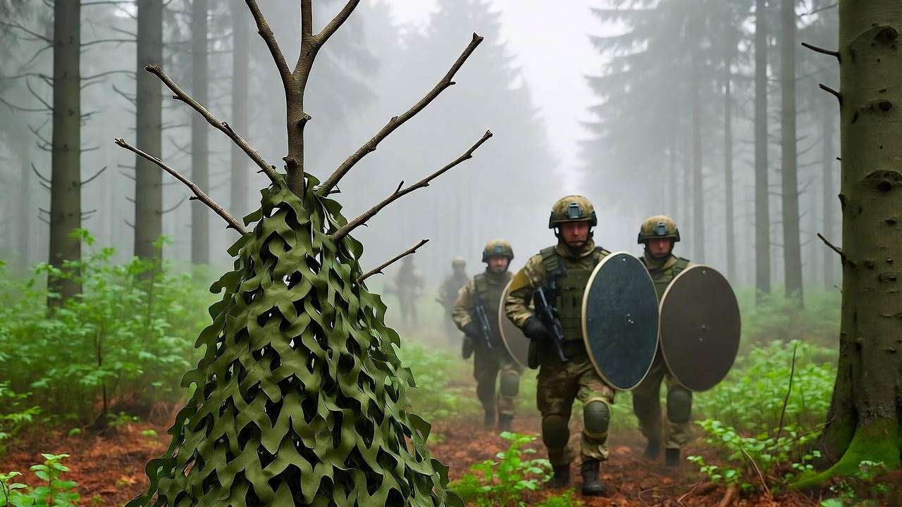 Birnam Wood camouflage with advancing soldiers – Macbeth prophecy fulfillment