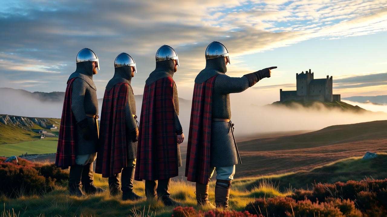 Scottish thanes plotting against Macbeth on misty hill - Act 5 Scene 2 breakdown