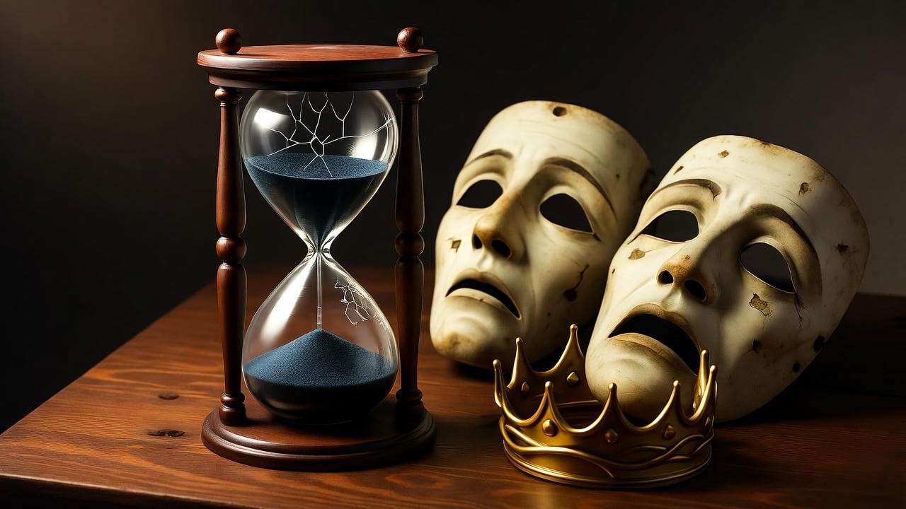 Hourglass, masks, and crown symbolizing fate and ambition in Act 5 Macbeth themes