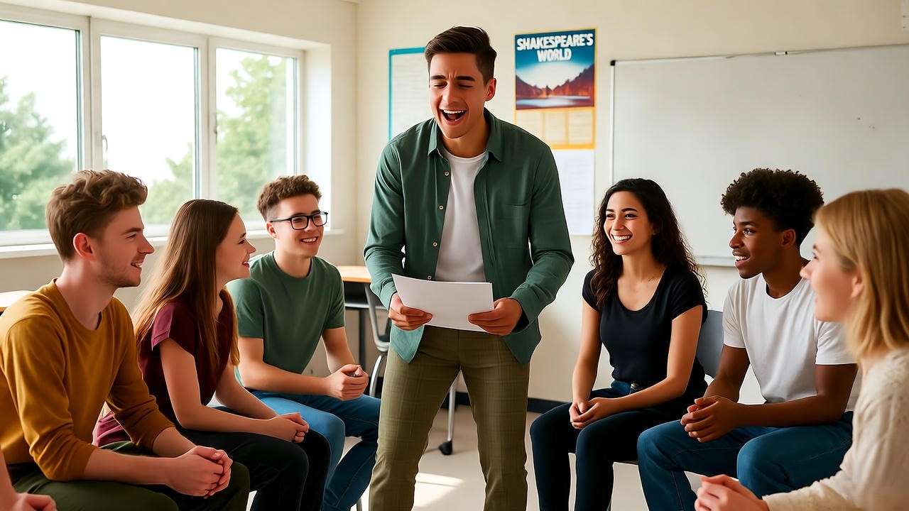 Students performing Macbeth Tomorrow speech in modern classroom - Act 5 teaching activity