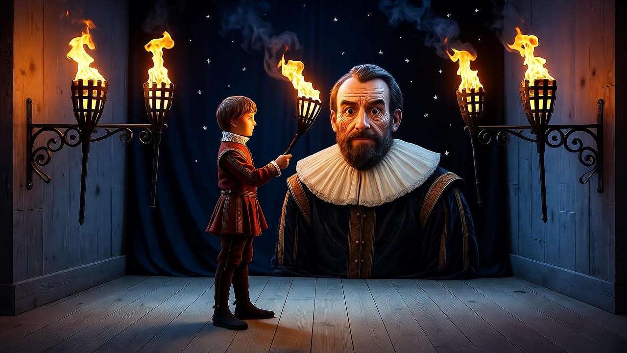 Jacobean Globe Theatre stage at midnight with torches illuminating Banquo and Fleance in historical costume