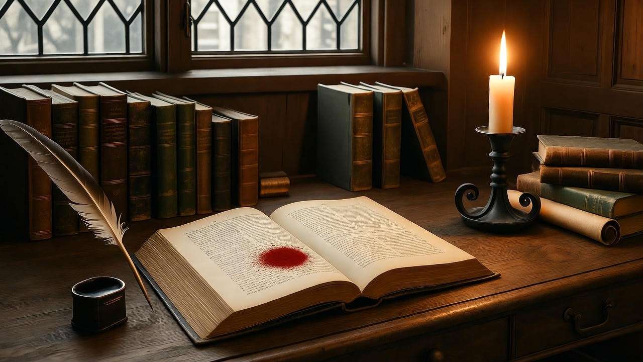 Elizabethan study with Holinshed’s Chronicles and red ink blot symbolizing Lady Macbeth’s blood guilt