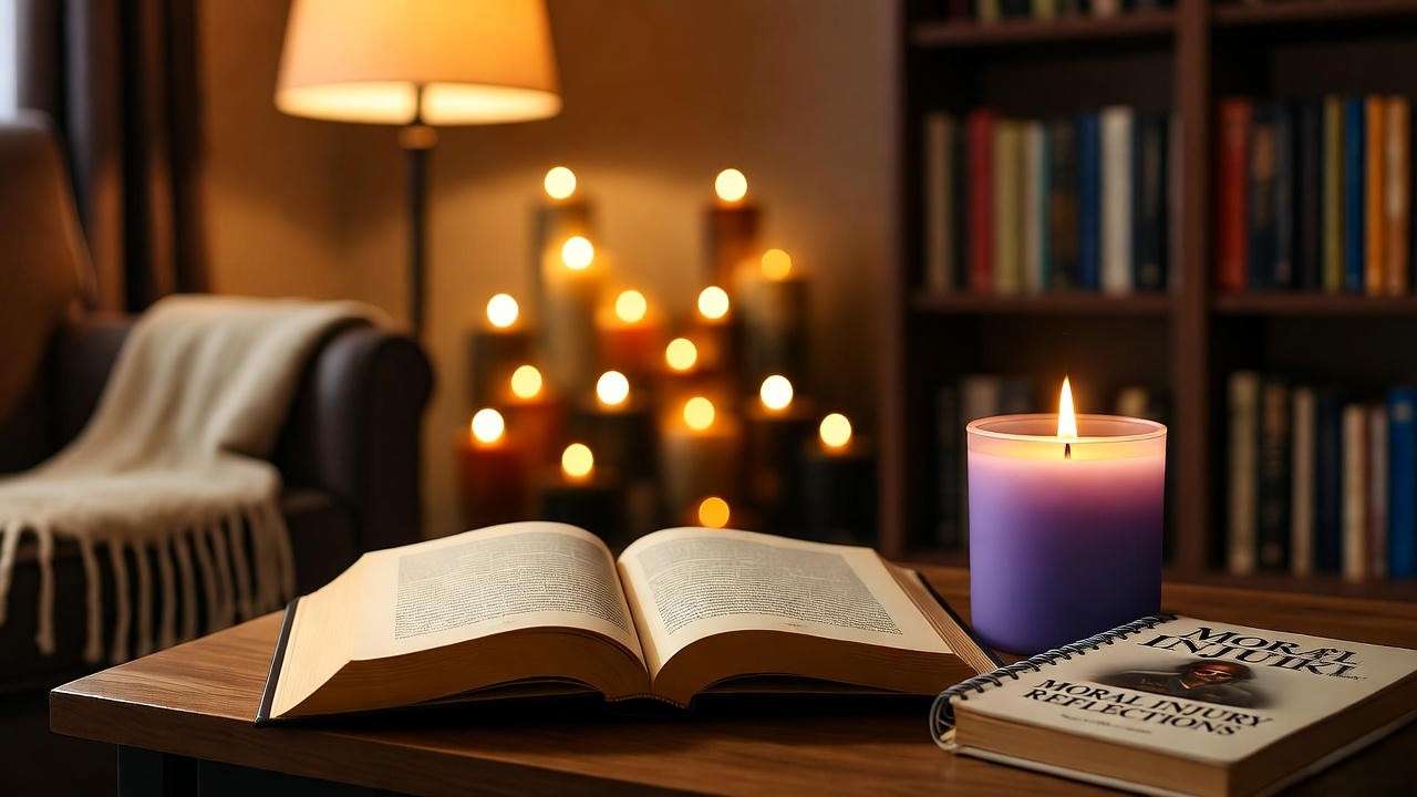 Therapy setting with Macbeth book and moral injury journal for bibliotherapy session