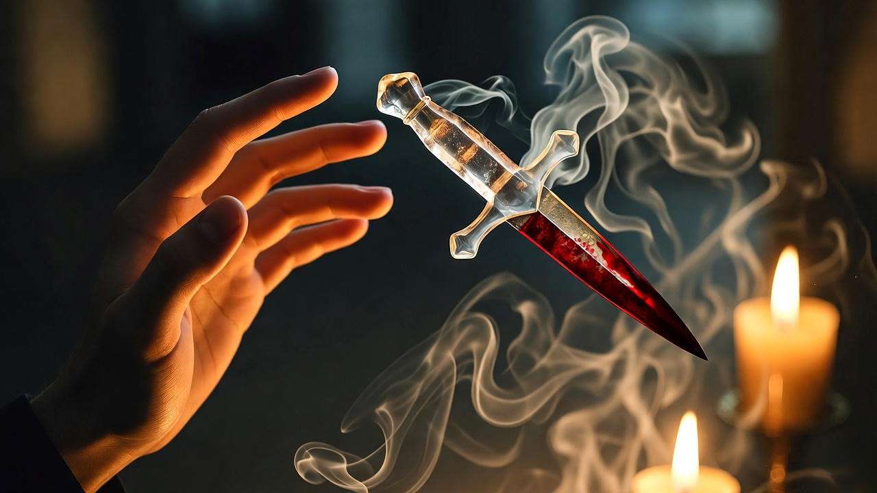 Macbeth hand reaching for hallucinatory dagger in candlelight – soliloquy dramatic function