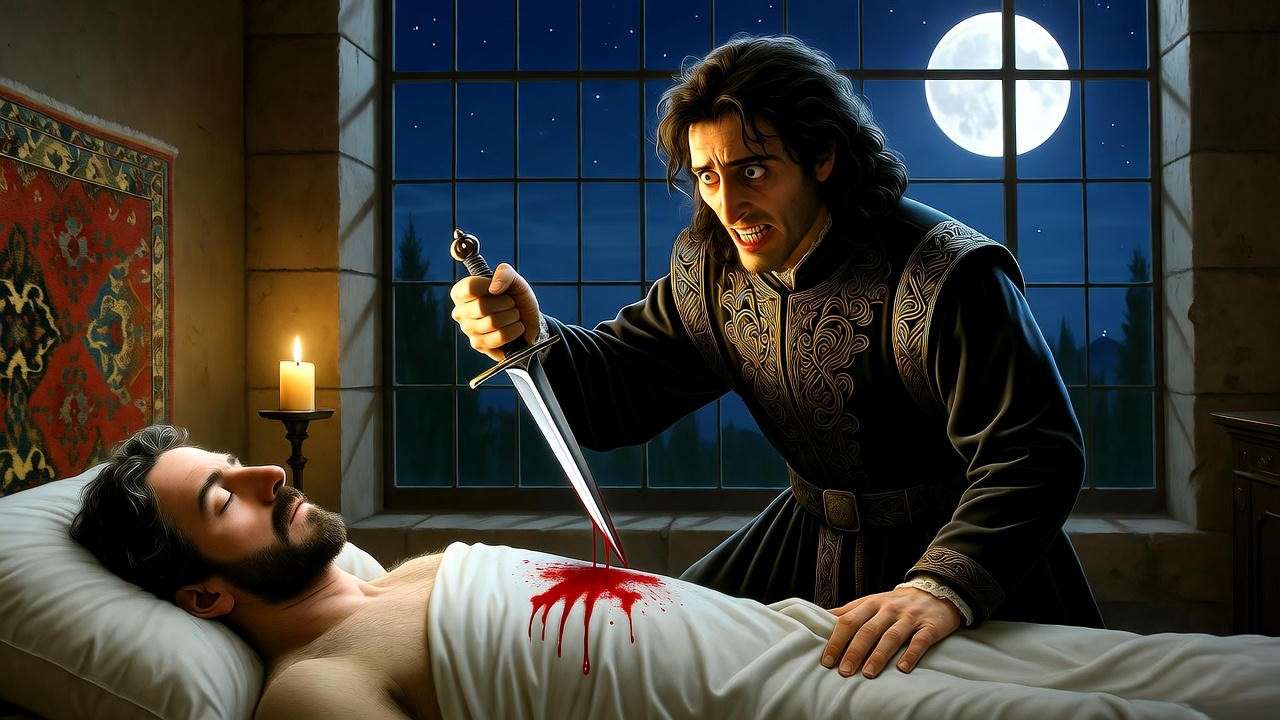 Macbeth holding dagger over Duncan – Act 1 Scene 7 soliloquy moment