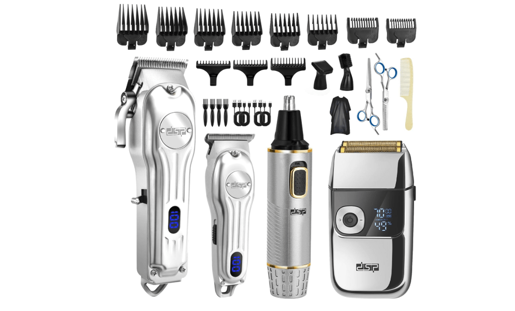 DSP 4-in-1 Pro Barber Kit: Cordless Hair Clipper, Trimmer, Shaver & Nose Hair Remover - Styling & Grooming Set with Scissors, Fade Tools, LED Display