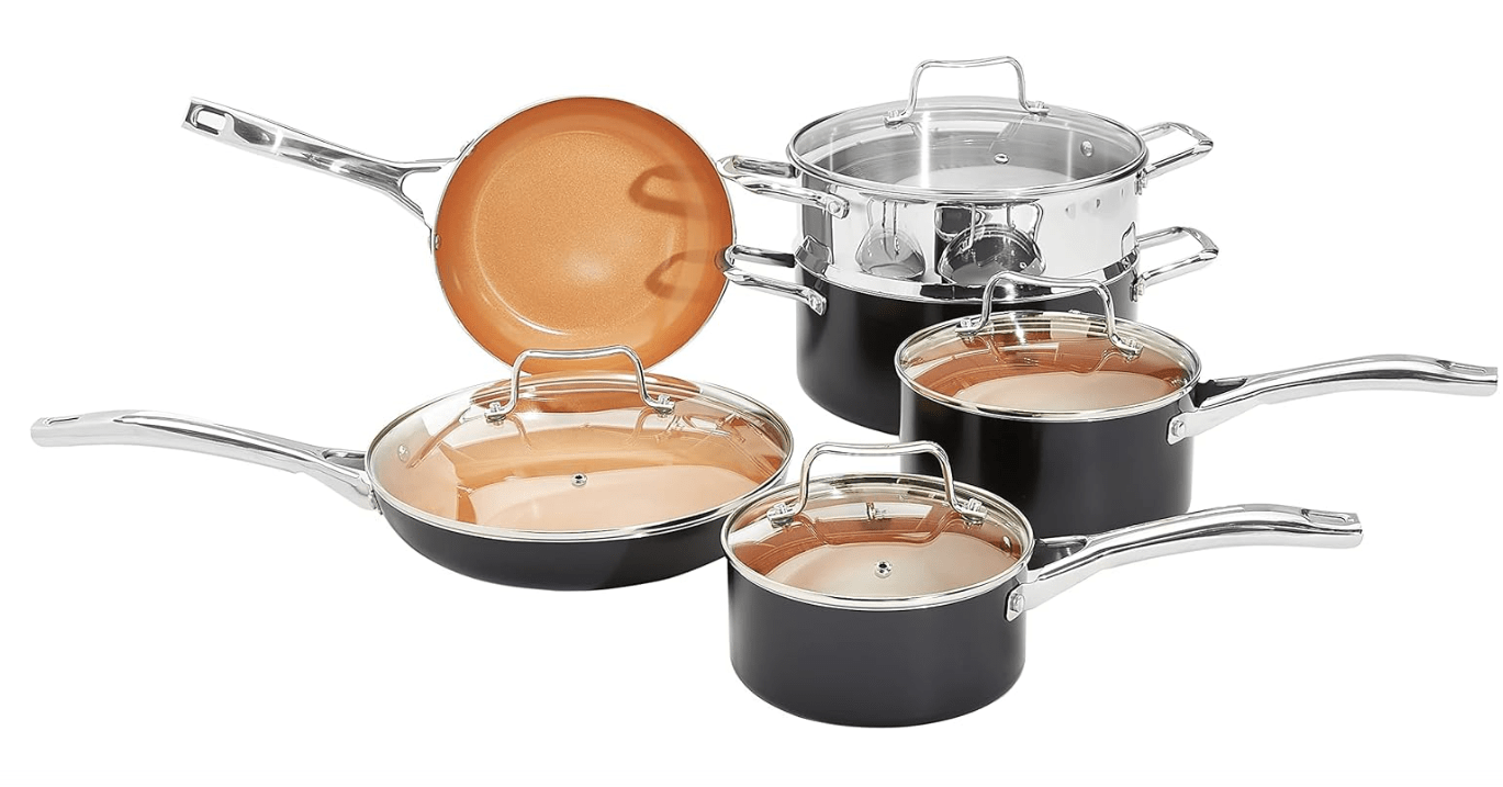Amazon Basics Ceramic Nonstick Pots and Pans Cookware Set, Dishwasher & Oven Safe, Even Heating, 10-Piece Set, Copper Color
