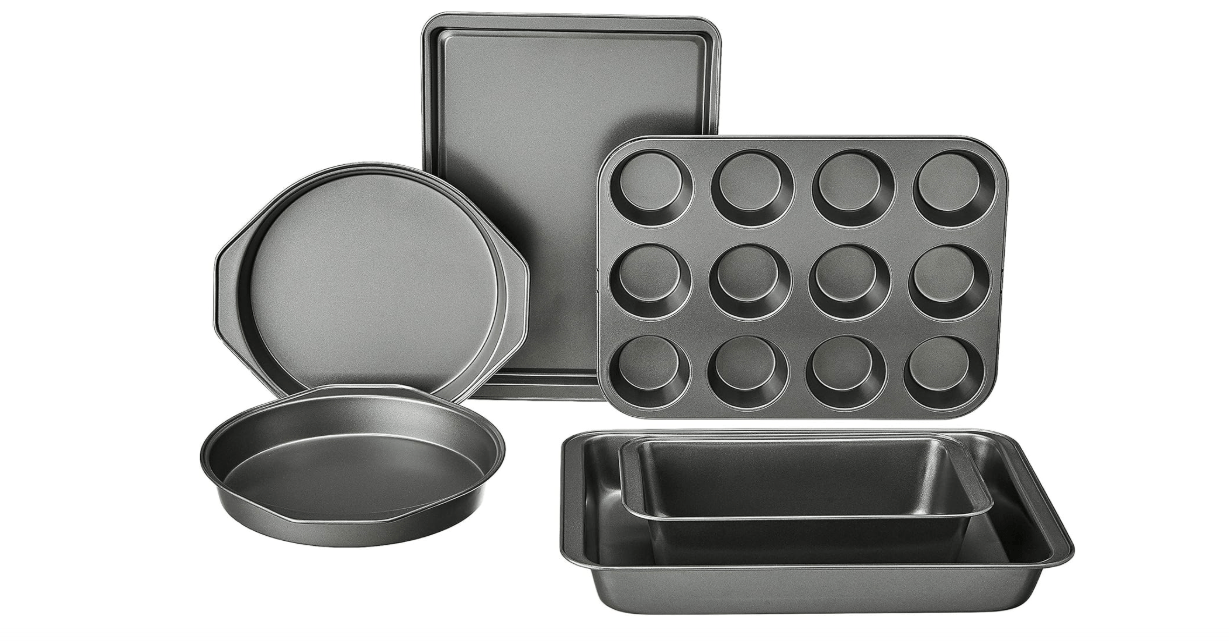 Amazon Basics 6 Piece Nonstick, Carbon Steel Oven Safe Bakeware Set with Cake, Muffin, Cookie, and Loaf Pans, 6 Piece, 16.25 x 11.75 x 6.25 inches
