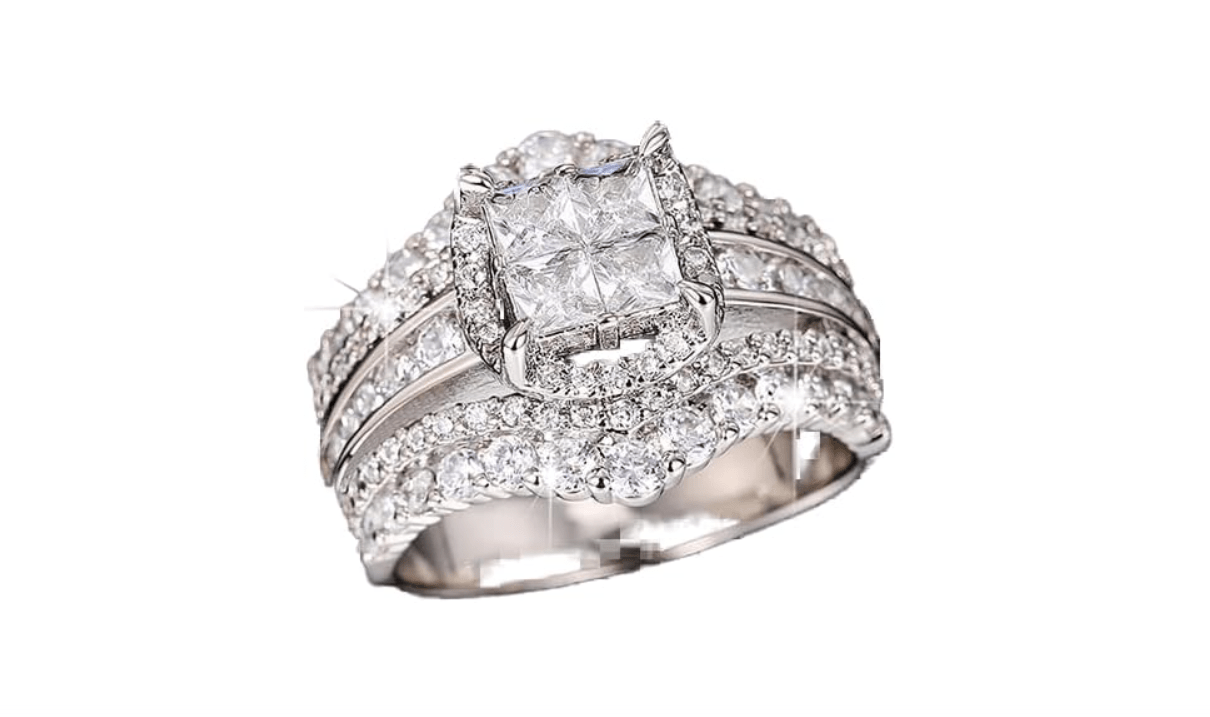 Ganquya 18K White Gold Plated Artificial Diamond Cubic Zirconia Halo Wedding Ring Set, Flash Wide Band Face Ring Eternity Engagement Promise Ring(8)
